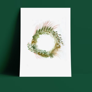 Impresión de acuarela de corona navideña 5x7 - Decoración de arte de pared - Giclee - Tarjeta de felicitación