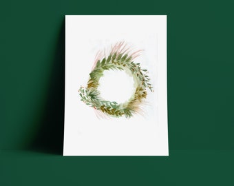 Holiday Wreath Watercolor Print 5x7 - Wall Art Decor - Giclee - Greeting card