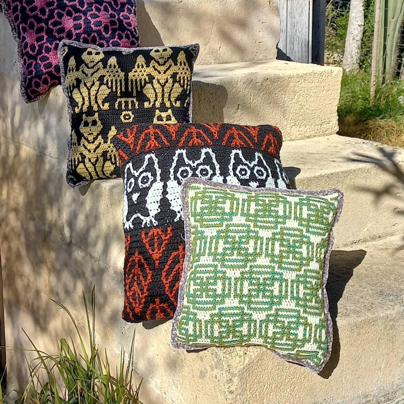 Sample of cushions made with patterns of Rural Crafts. Gargoyle, patterned flowers, celtic and owl.
