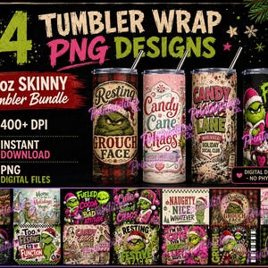 May include: A digital bundle of 14 skinny tumbler wrap PNG designs featuring holiday-themed graphics of a green character. The collection includes various festive slogans and patterns, presented as a set of digital files for 20 oz tumblers.