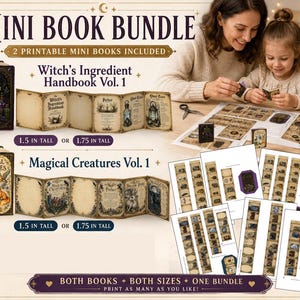 Może przedstawiać: Cyfrowy zestaw mini książek zawierający dwie książki do druku: Witch's Ingredient Handbook Vol. 1 oraz Magical Creatures Vol. 1. Zestaw zawiera szablony do drukowania, wycinania, składania i klejenia książek o wysokości 3,8 cm lub 4,4 cm.