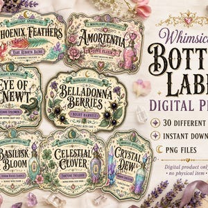 May include: A collection of seven decorative bottle labels featuring ornate borders and illustrations of magical items. Text includes Moonlight Apothecary, Phoenix Feathers, Amortentia, Eye of Newt, Belladonna Berries, Basilisk Bloom, Celestial Clover, and Crystal Dew.