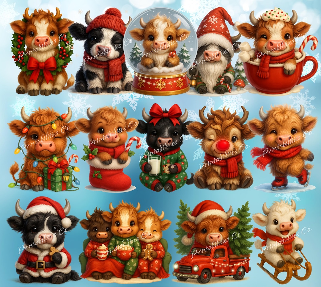 Christmas Highland Cow PNG Clipart Bundle: 14 Festive Designs (digital ...