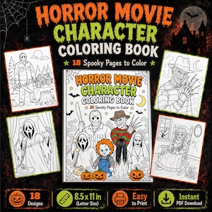 Op de afbeelding: Een kleurboek met horrorfilmfiguren met 18 griezelige pagina's om in te kleuren. De omslag toont verschillende iconische horrorfiguren, waaronder een gemaskerde slasher, een schurk met klauwen en een pop. Pagina's van 21,59 x 27,94 cm.