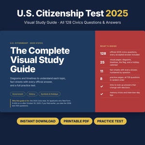 Puede incluir: Una guía de estudio visual para el examen de ciudadanía estadounidense 2025 con 128 preguntas y respuestas cívicas. El gráfico azul y rojo detalla diagramas, cronogramas, hojas de datos y pruebas, con botones para descarga instantánea y PDF imprimible.