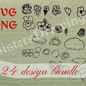May include: A set of 24 black and white hand-drawn illustrations of flowers, hearts, and other shapes. The illustrations are on a white brick background. The text "SVG PNG Sisters Drawings 24 design bundle" is written in red on the image.