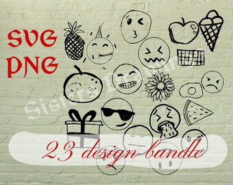 May include: A set of 23 black and white doodle designs featuring various fruits, food, and emojis. The designs are drawn on a white brick wall background. The text "SVG PNG 23 design bundle" is written in red at the bottom of the image.