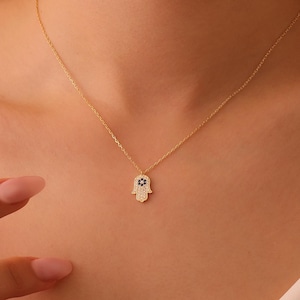 Colar de mão Hamsa em ouro maciço 14K com pedra azul para mau-olhado, talismã de mão Hamsa para mau-olhado, presente de joia para mãe, esposa e namorada