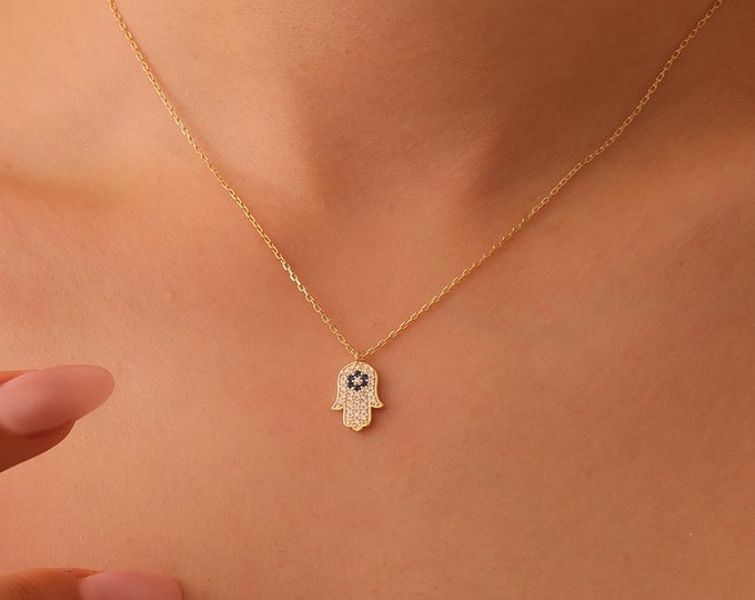 14K Solid Gold Hamsa Hand Necklace with Blue Evil Eye Stone, Hamsa Hand Evil Eye Talisman Gift For, Jewellery Gift for Mom, Wife, Girlfriend
