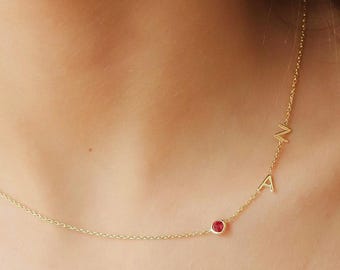 Personalized Sideways Letter Necklace with Birthstone Charms, Name For You Jewelry Gift For , Girlfriend Family Loved Wife christmas gifts