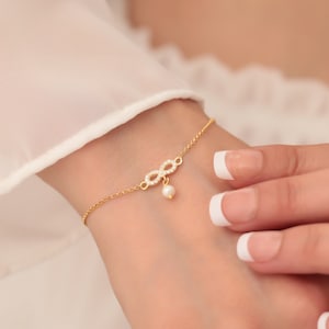 Pulseira Infinity e Pérola, Diamante, Joia Infinity de Prata, Presente para Mãe, Esposa, Namorada, Mulher, Acessórios Banhados a Ouro Rosa