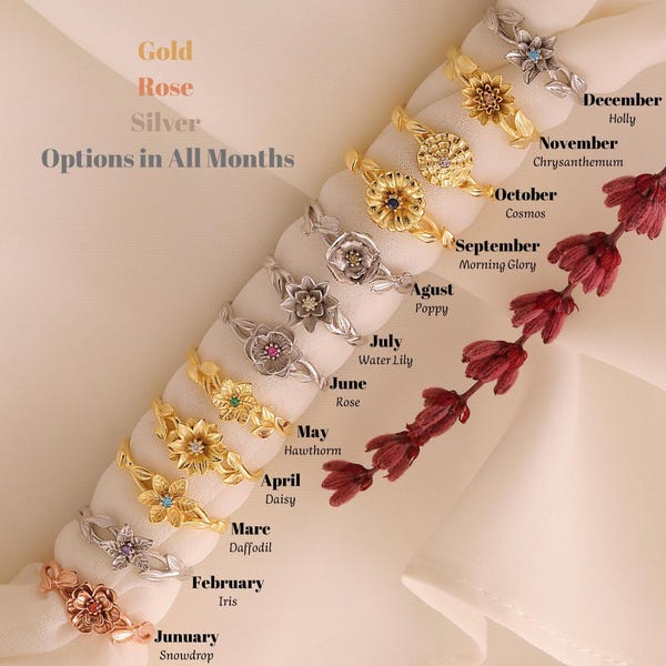 Anillo de flor de nacimiento, anillo de flor llamativo, delicado anillo de flor de nacimiento y piedra de nacimiento, anillo de flor de nacimiento personalizado en plata de ley 925 para el Día de la Madre.