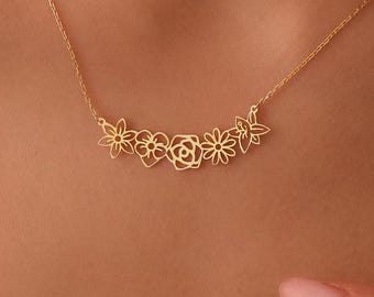 Dainty Family Birth Flower Necklace, Family Birth Flower Jewelry, Personalized Gift for Mom, 14K Gold Plated Dainty Mothers Day Gift
