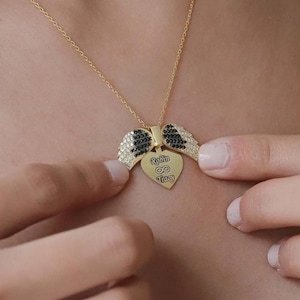 Angel Wings Name Necklace, Names Engraved on a Hidden Heart Among the Stony Angel Wings. Guardian Angel Wings Gift For Her, Wife, Girlfriend