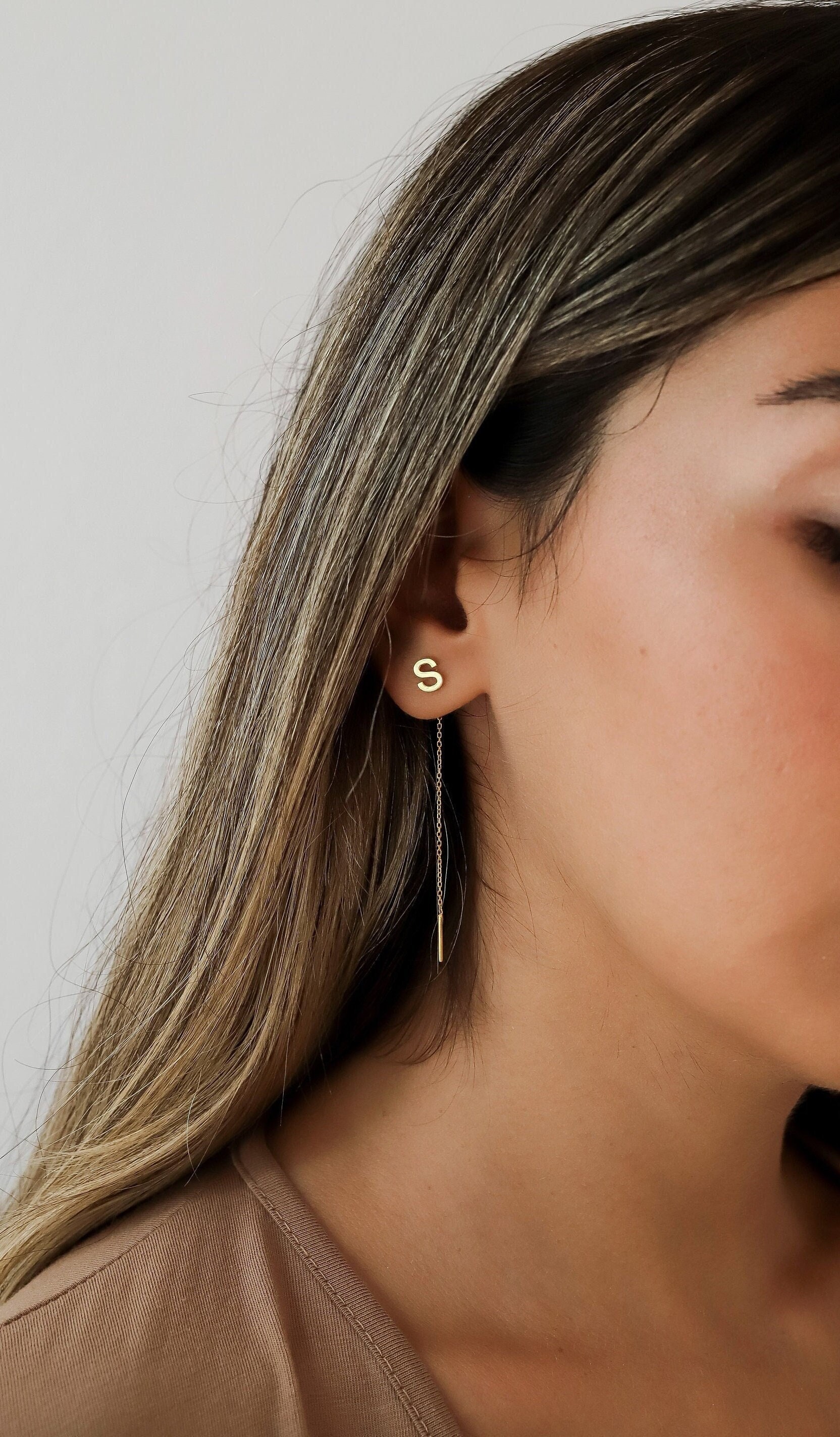 Letter Earring Silver Minimalist Symbol Jewellery Gift, Mom Wife Girlfriend Woman Gold Tiny initial (two earrings)Jewelry