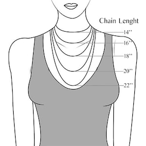 May include: Diagram showing different chain lengths for necklaces on a model wearing a tank top. The lengths are 14 inches, 16 inches, 18 inches, 20 inches, and 22 inches.
