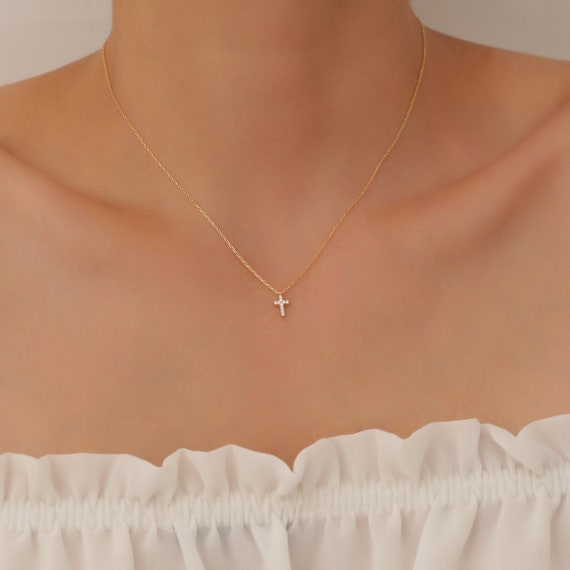 14K Solid Gold Cross Pendant, Minimalist Stone Necklaces Minimalist religious icon Jewellery Gift For Mom Wife Girlfriend Woman Mother’s Day