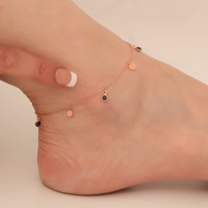 Dainty Black Stone Disc Anklet – Minimalist Rose Gold Ankle Bracelet, Adjustable Foot Jewelry, Handmade Gift for Her, Everyday Style
