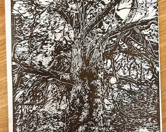 Handmade Linocut Tree Print: Black and White Landscape Art