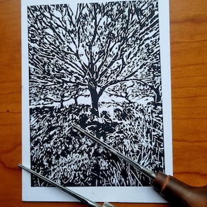 Quercia di Wistman/Miniatura arr/stampa linoleum originale/stampa a blocchi/arte naturalistica