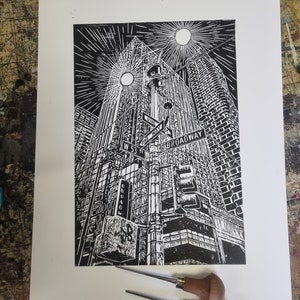 ORIGINAL Hand-Carved BROADWAY New York City Lino Print Wall Art - Manhattan Black & White Sketch Home Décor – NYC Skyline Architecture