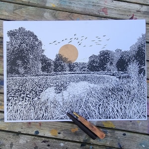 Uccelli sul lago tranquillo/ Originale intagliato a mano/stampa su lino/bianco e nero/stampa a blocchi/natura/originale/fatto a mano/regalo/arte/unico/