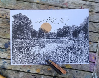 Birds over the Tranquil lake/ Original Handcarved /lino print/black and white/block print/nature/original/handmade/gift/art/unique/