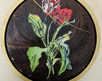 Tulips/original marquetry design/veneer art/tree art/walnut/hand tinted resin