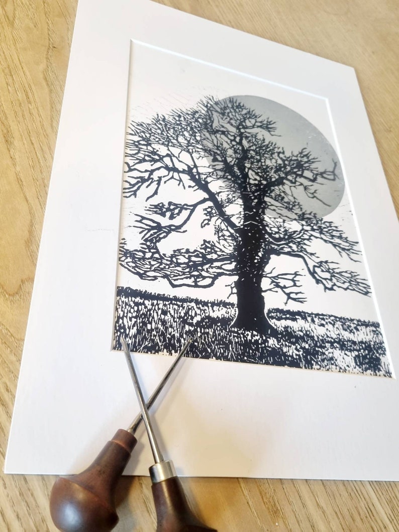 Oak Tree and the Big Moon Lino Print Black and White/linoprint ...