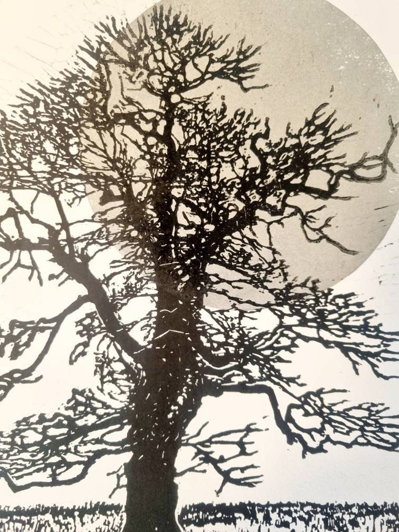 Oak Tree and the Big Moon Lino Print Black and White/linoprint ...