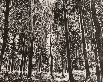 Sunburst Original Lino Print/black and white/A4 linocut/woodland block print/nature/original/handmade gift/art/unique/custom tree print