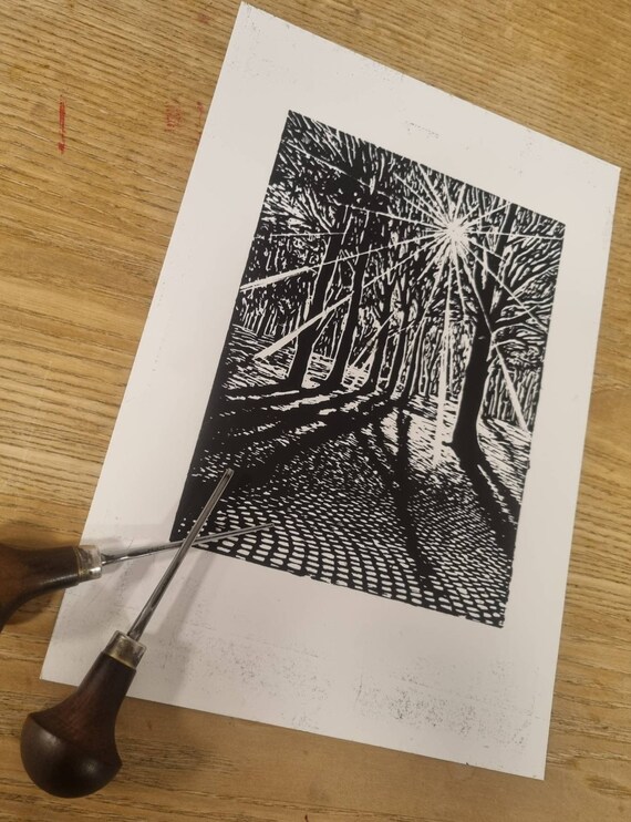 Early Light” 3 Inch Sticker, Linocut Block Print Eco-Friendly Sticke