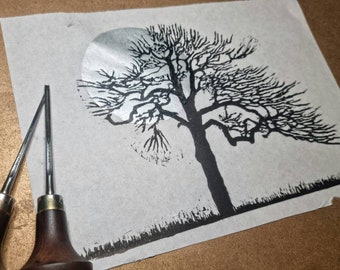 Windswept Tree in the Moolight/black and white/linoprint/blockprint/nature/original/handmade/gift/art/unique/handprinted/artisan