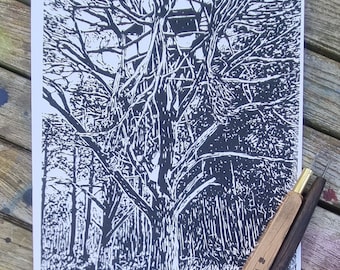Abandoned Treehouse linocut print/black and white/linoprint/blockprint/nature/original/handmade/gift/art/unique/handprinted/artisan
