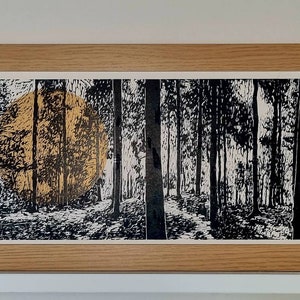 UNIQUE PANORAMIC SUNRISE Through Trees Scene Landscape Wall Art – Hand Printed Black & White Large Lino Cut Print Art – Nature Inspired Art