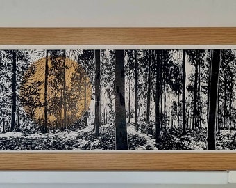 Panoramic sunrise/large lino cut print/black and white/lino print/beauty in nature/original/handmade/gift/art/unique/hand-printed/Lino cut