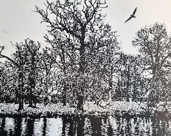 Handmade Linocut Print: Freebird Black and White Landscape