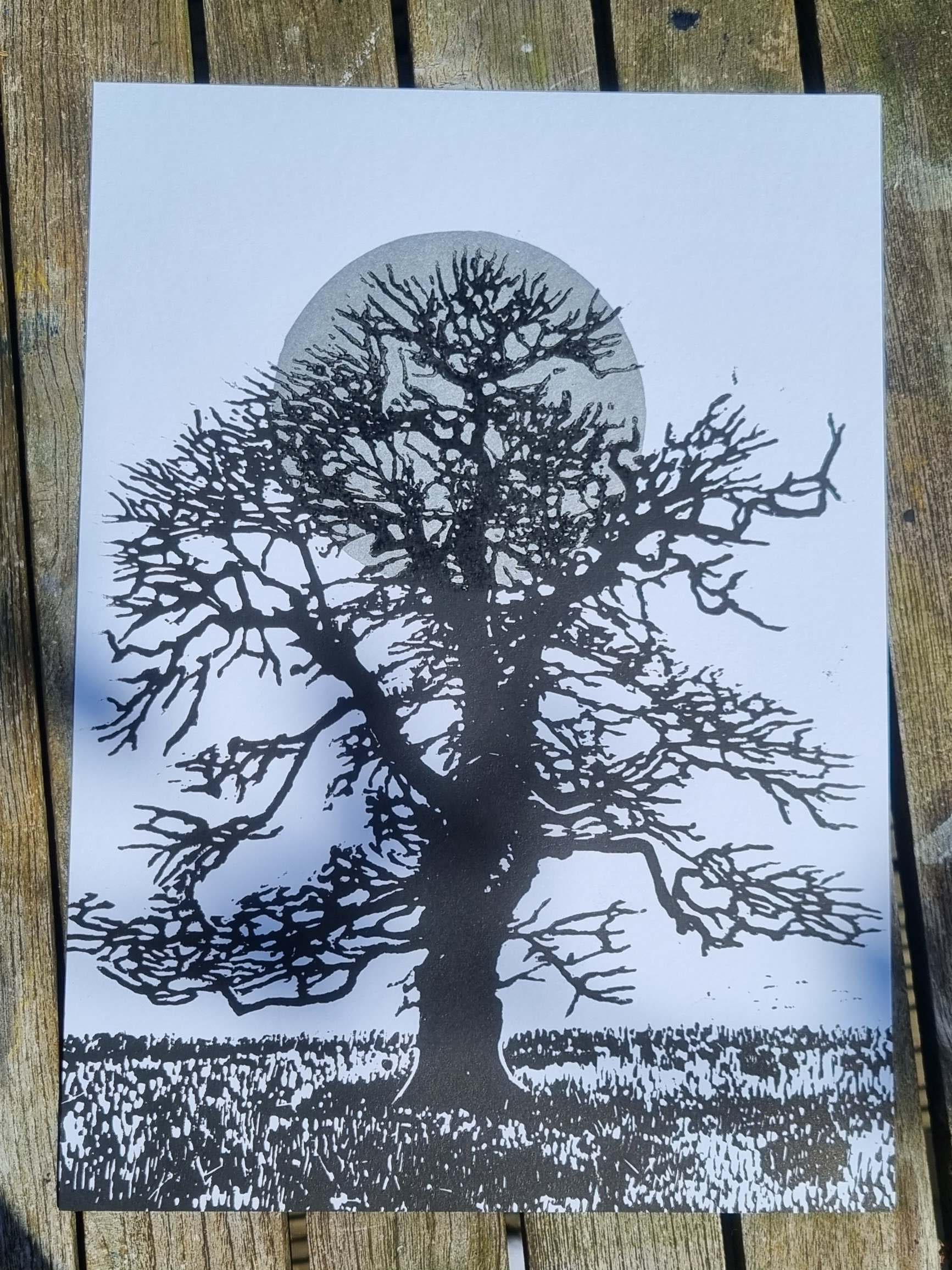 Oak Tree and the Big Moon Lino Print Black and White/linoprint ...