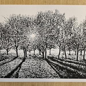 SUNRISE Through The Trees LINOCUT Print Wall Art – Original HANDMADE Black And White Nature Art - Peaceful Forest Scene & Woodland Decor