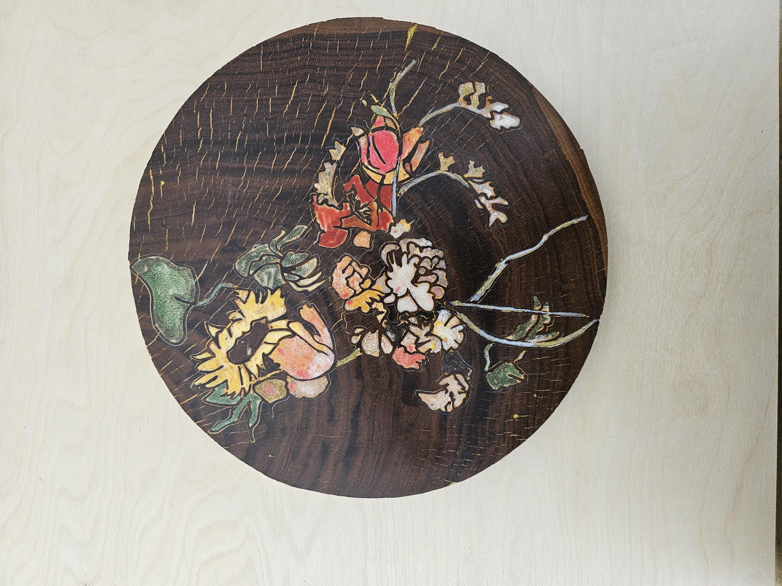 Dutch Bouquet/original marquetry design/veneer art/tree art/walnut/hand-tinted resin