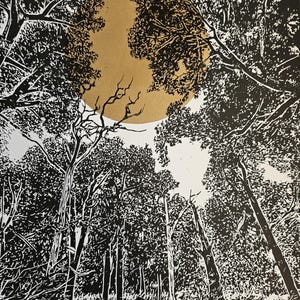 Sun In The CLEARING ORIGINAL Linocut Print Landscape Wall Art – Hand Craved WOODLAND Forest Art - In Golden Sun Or Silver Moon Artwork