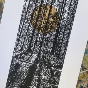 Foresta di Invershin/ Stampa originale su lino intagliata a mano/bianco e nero/taglio su lino/stampa a blocchi/natura/originale/fatto a mano/regalo per lei/arte/unico/