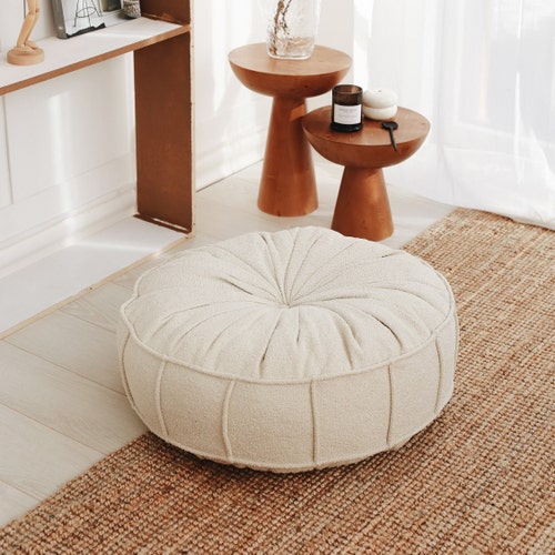 Boucle Floor Cushion Beige Teddy Ottoman Woven Floor Pillow Etsy