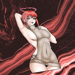 May include: A woman with red hair and a halo is wearing a gray sweater with a large cut-out on the side. The sweater is pulled up to reveal her midriff. The woman has a small heart tattoo on her side that says "DENJI".