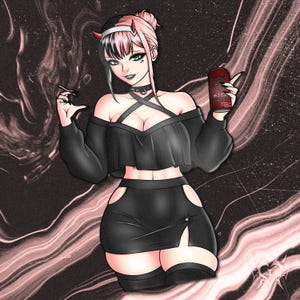 May include: Digital illustration of a woman with pink and black hair, wearing a black outfit and holding a can of "SICK" energy drink. The background features a pink and black abstract design.