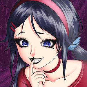 May include: A digital illustration of a young woman with long black hair, wearing a red shirt and a pink headband. She has blue eyes and black lipstick. She is smiling and has her finger to her lips.