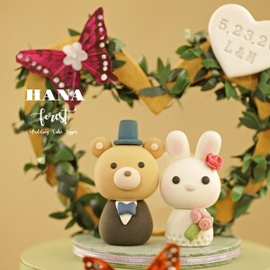 bunny and bear wedding cake topper,bride and groom cake topper,rabbit and bear cake topper,custom wedding cake topper,birthday cake topper