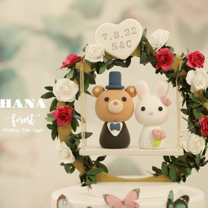 bunny and bear wedding cake topper,bride and groom cake topper,rabbit and bear cake topper,custom wedding cake topper,birthday cake topper