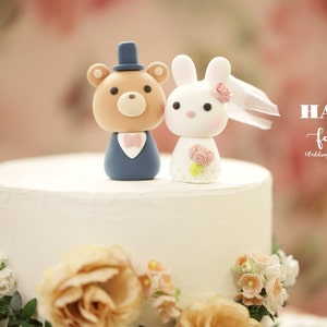 bunny and bear wedding cake topper,bride and groom cake topper,rabbit and bear cake topper,custom wedding cake topper,birthday cake topper