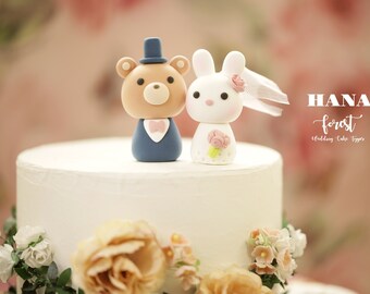 bunny and bear wedding cake topper,bride and groom cake topper,rabbit and bear cake topper,custom wedding cake topper,birthday cake topper